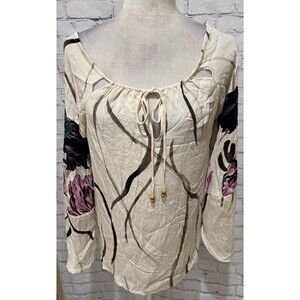 Elie Tahari floral and abstract print Silk Long Sleeve Tie Neck Top Blouse Small